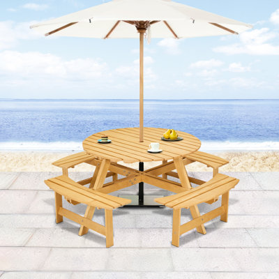 Table de pique-nique extérieure pour 8 personnes - 4 bancs, trou pour parasol, aspect bois naturel, avec bancs intégrés. Idéal pour le jardin, la terrasse ou la véranda.