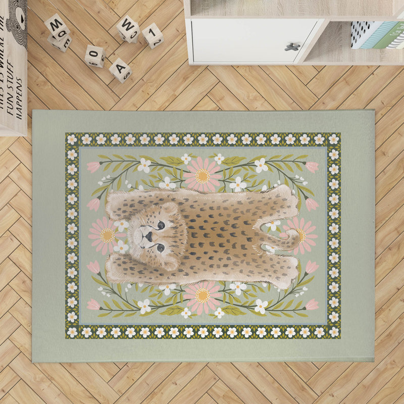 Lil Lying Leopard Flowers Kids Play Mat, Sage, Rectangle 5' x 7'