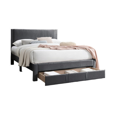 Charcoal Corduroy Queen Size Bed, Support, Underbed Storage Container Bed With Texture, Charcoal, Modern Bedroom Furniture