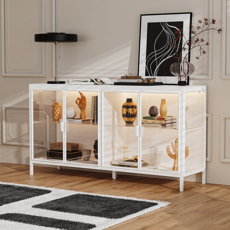 Modern Accent Cabinet With Tempered Glass Doors, Adjustable LED Lighting, And Ample Storage, White