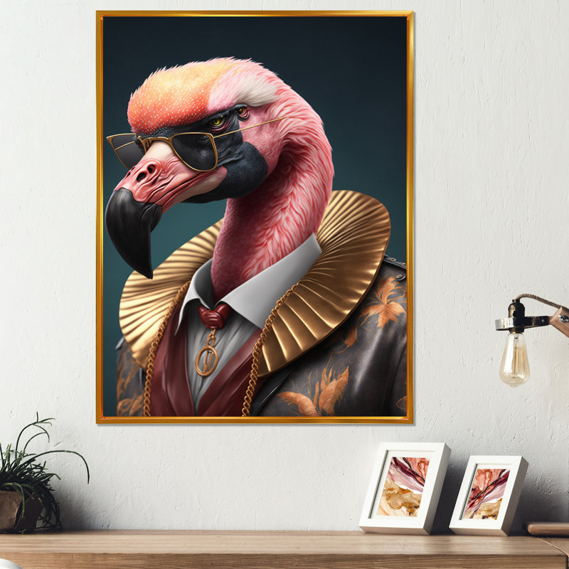 «Flamingo Gangster in NYC I», impression sur toile, H 32 po x l 24 po x P 1 po, Toile avec cadre flottant or