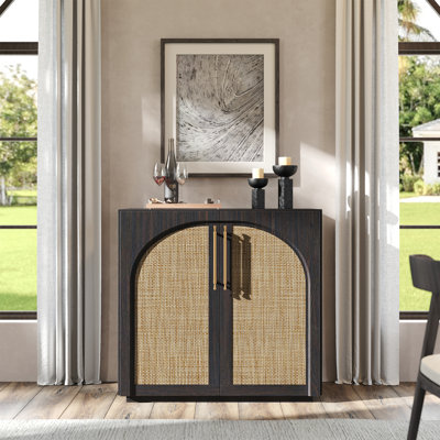 31.42''Sideboard Buffet Cabinet with Storage, Rattan Coffee Bar Cabinet with Arch Doors & Adjustable Shelves, Wood Credenza Accent Cabinet for Kitchen, Living Room