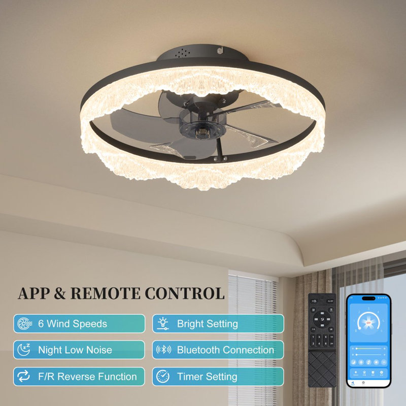Ventilateur de plafond encastré noir minimaliste de 16 po avec lumière, 6 vitesses et 3 niveaux d'intensité réglable OLONTIC pour la chambre à coucher et les espaces de vie