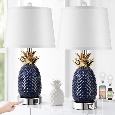 22" Pineapple Table Lamps Set Of 2, 3 Way Dimmable Ceramic Table Lamp For Living Room, Bedroom, Home Office (bulbs Included)