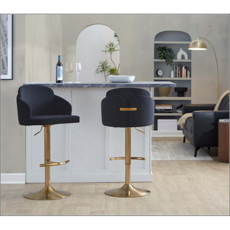 Tabouret de bar réglable en métal avec repose-pieds rond en métal - ensemble de 2, Siège noir / cadre doré