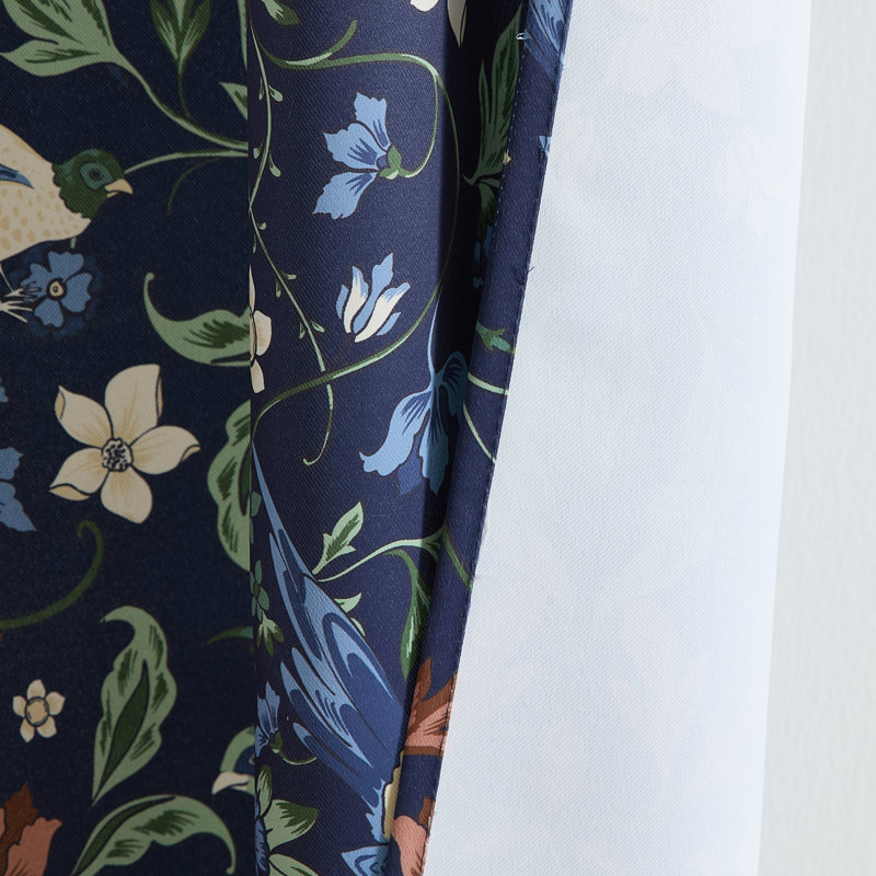 HLC.ME Florence Floral & Birds Patterned Window Back Tab Rod Pocket Curtains Bedroom - Light Blocking Darkening Window Panels, Set of 2 (Navy Blue, 52 W x 96 L)