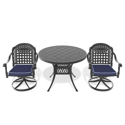 3 chaises de salle à manger d'extérieur en aluminium coulé avec 2 chaises pivotantes et une table de 39,37 po, noir