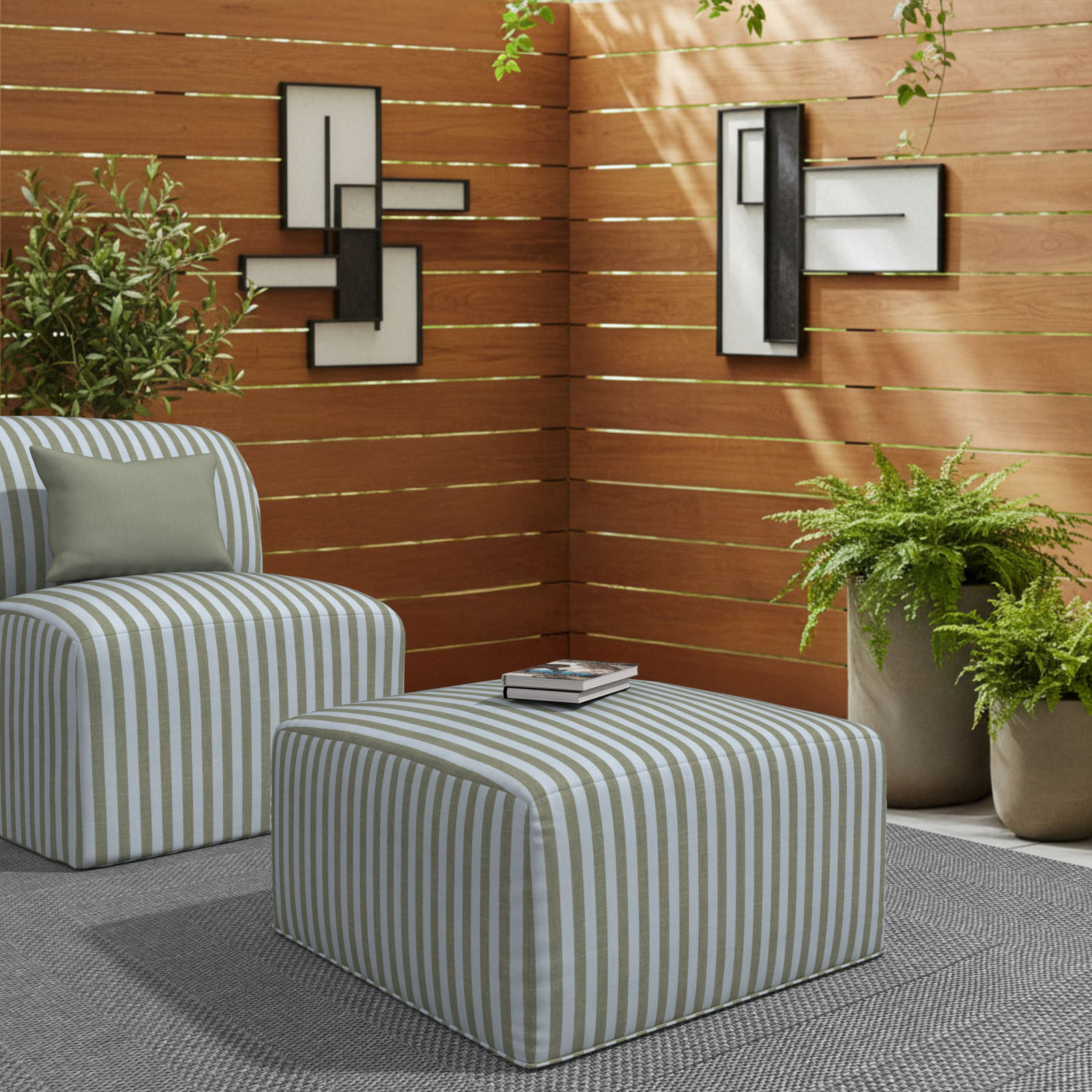 Praia Sunbrella® Outdoor Ottoman, 16" H x 29" W x 29" D, Sail Away Aloe Striped Sunbrella®