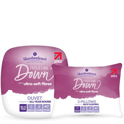 Feels Like Down 10.5 Tog All Year Round Duvet with 2 Medium Support Back Sleeper Pillows