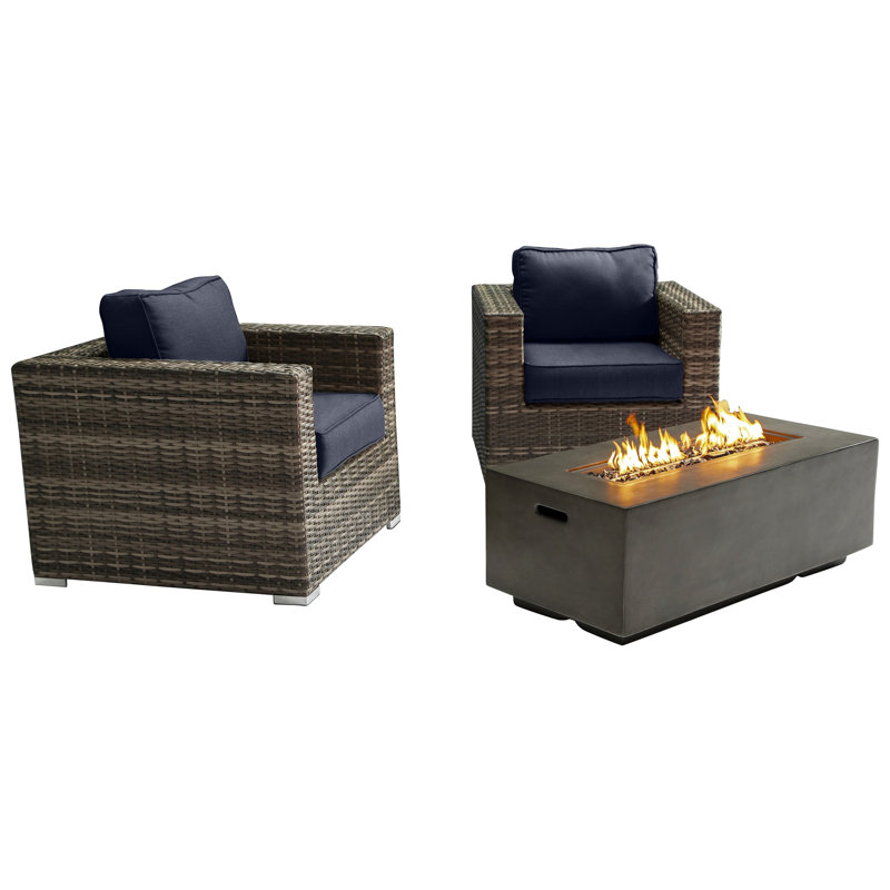 Lsi Fully Assembled 2 Person Seating Group With  Sunbrella Cushions And Rectangle Concrete Firepit, Sunbrella Navy Blue