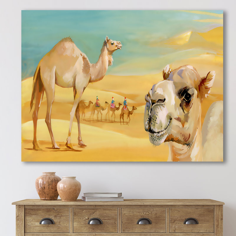 Chameaux dans le désert - Peinture sur toile, H 16 po x l 32 po x p 1 po, Toile tendue