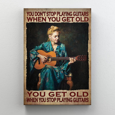 Woman Plays Guitar On Chair - You Don’T Stop Playing Guitars Gallery Wrapped Canvas - Music Illustration Decor, Black And Blue Living Room Decor