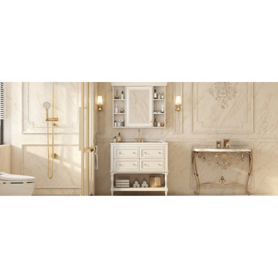Beige 36'' Bathroom Vanity With Medicine Cabinet, Solid Wood Frame, 4 Drawers, Mirror Waterproof Finish, Spacious Storage, Silver Handles For Luxury Decor Modern Adjustable Shelf, Ceramic Sink, Pre -