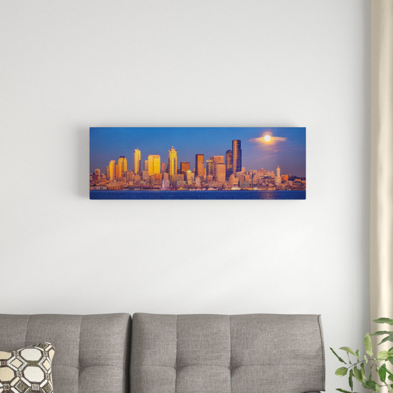 «Moon over Seattle Seattle Washington», reproduction de photo sur toile, H 12 po x l 36 po x P 1,5 po, Cadre noir