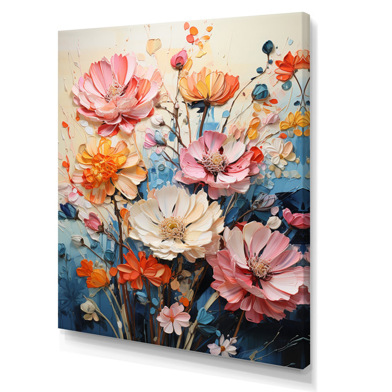Capricia multicolore fleurs saisonnières sur bleu III - reproduction sur toile, H 44 po x l 34 po x P 1,5 po, Toile tendue