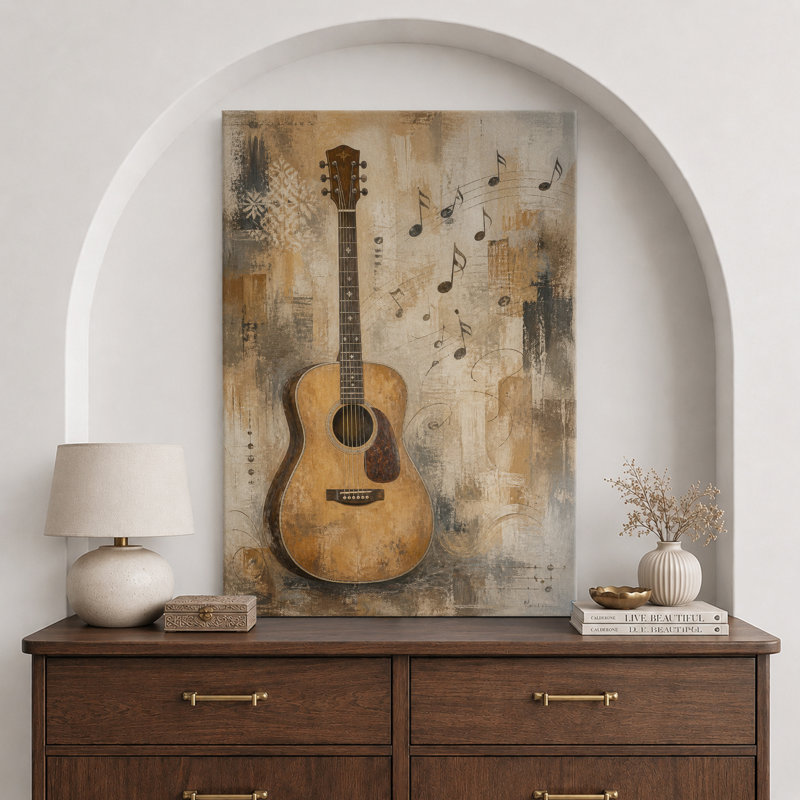 Guitare acoustique sépia avec notes flottantes, 48" H x 32" W x 1.5" D, Wrapped Canvas