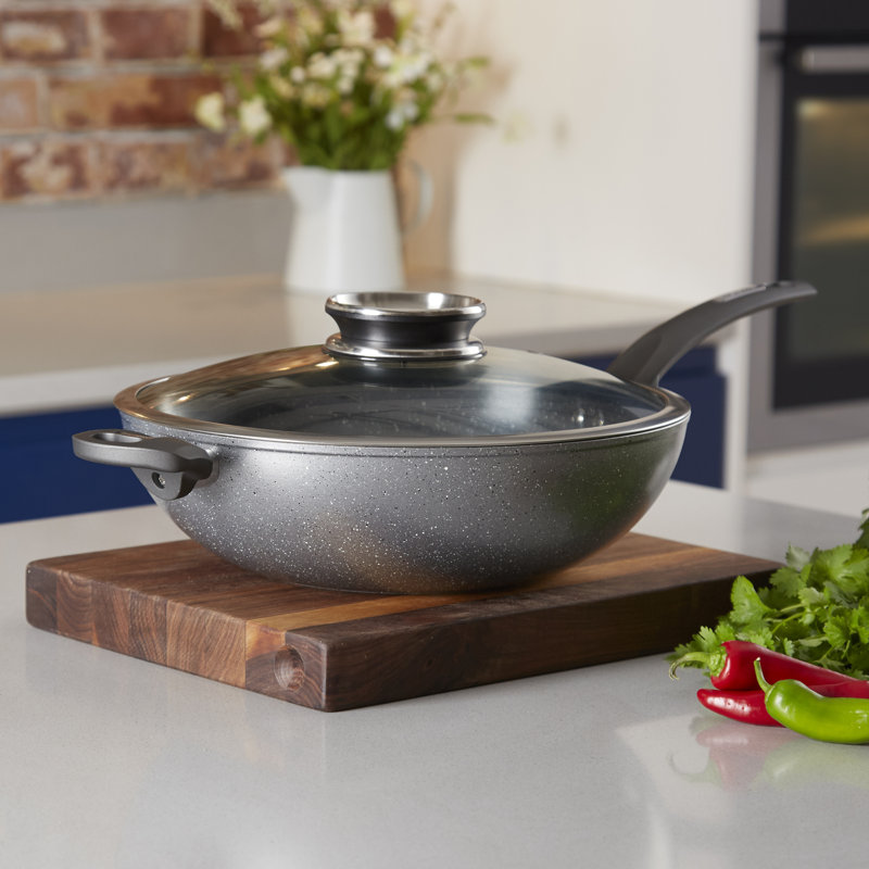 Tower T81279 Cerastone Induction Wok Pan With Glass Lid, Non Stick Ceramic Coating, Easy to Clean, Graphite, 30 cm