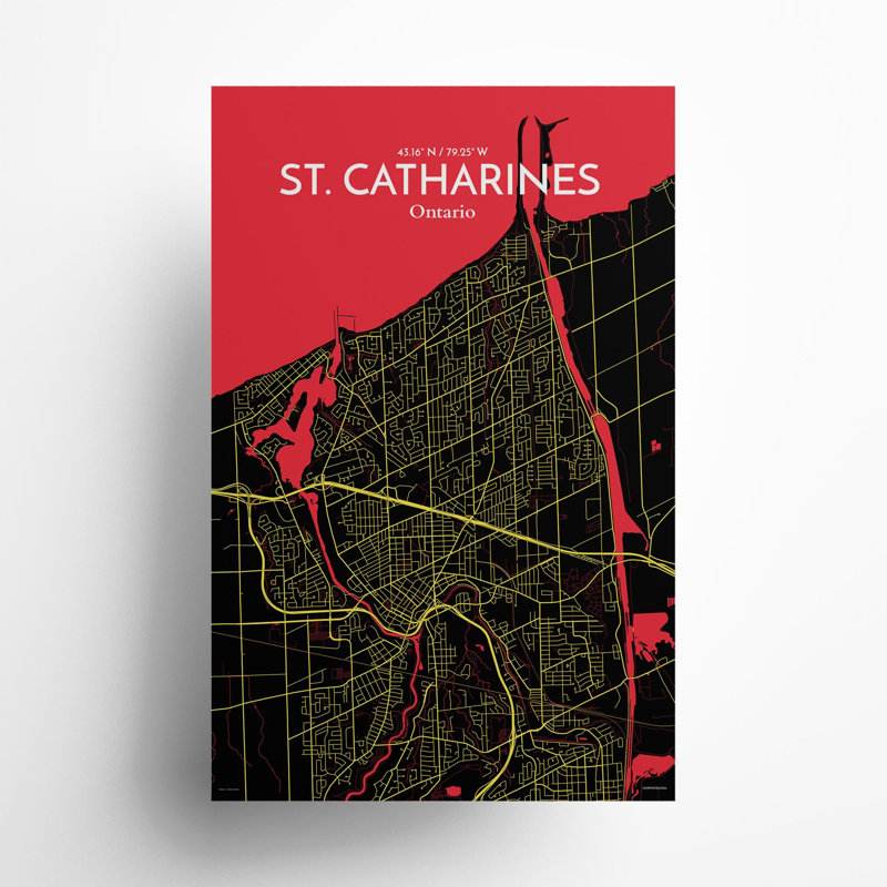 St. Catharines City Map, impression, H 17 po x l 11 po, Noir / rouge / jaune