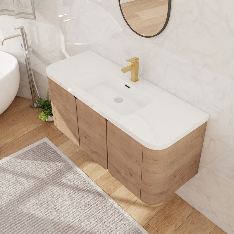 48'' Single Floating Bathroom Vanity with Resin Sink, Wall Mounted Bathroom Vanity with 3 Doors, 48"