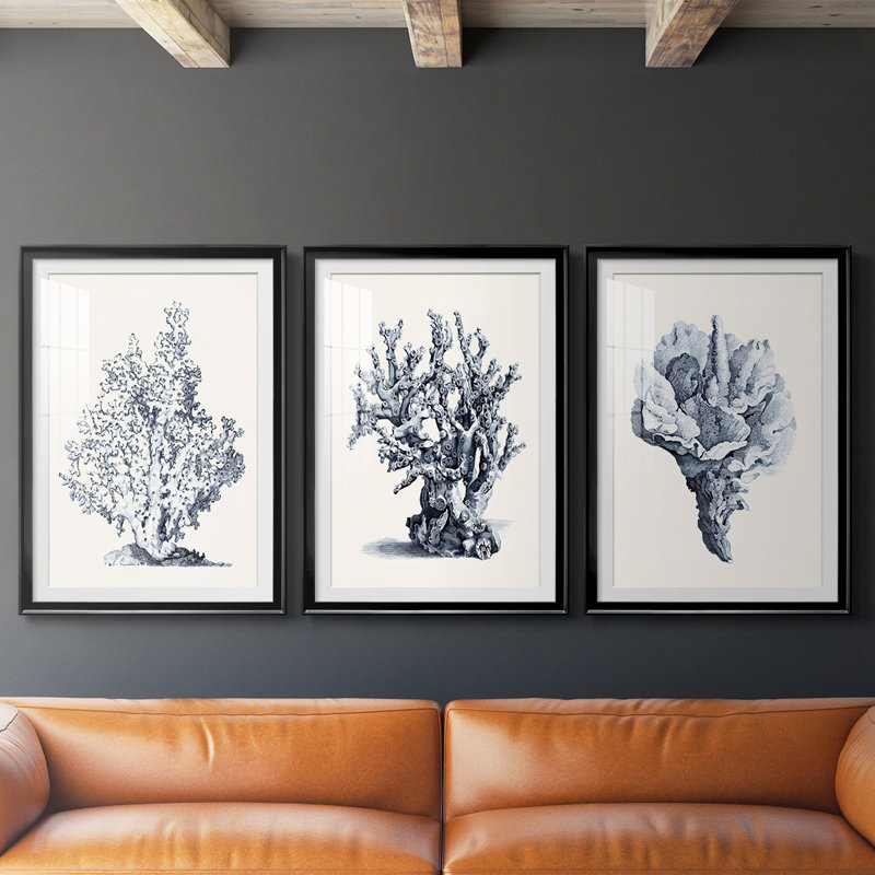 Bleu antique corail I - reproduction encadrée sur mesure de qualité supérieure mate - 3 pièces, Noir, H 21 po x l 30 po