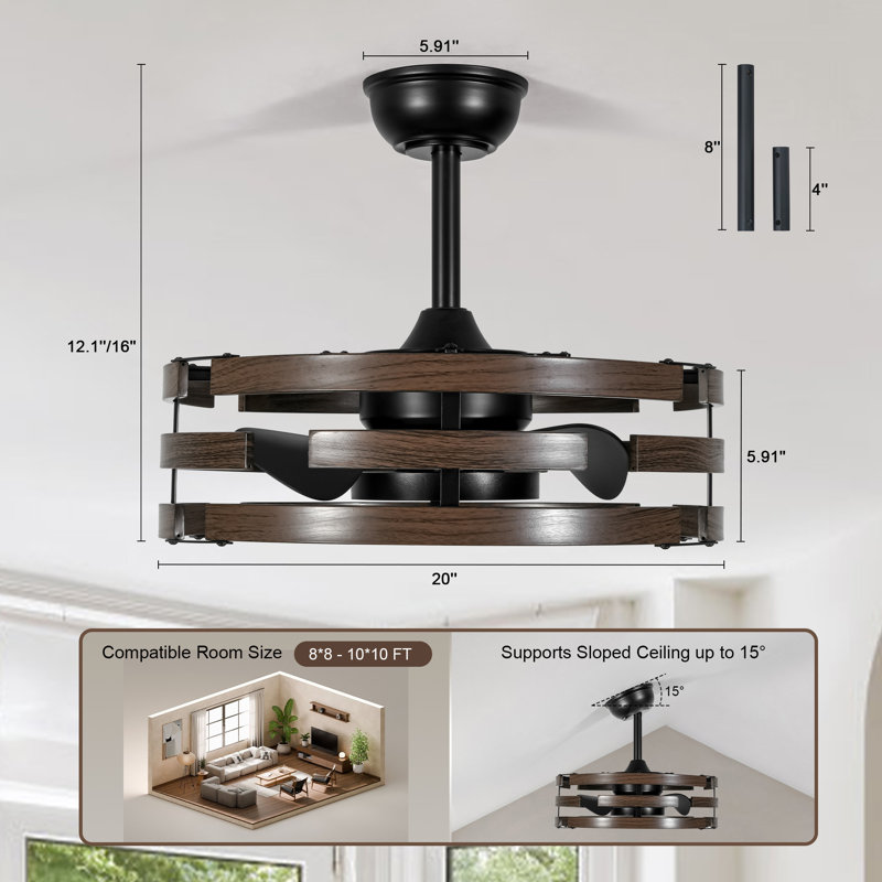 20" Caged Ceiling Fan with Lights, Farmhouse Fandelier with Remote, Black Walnut