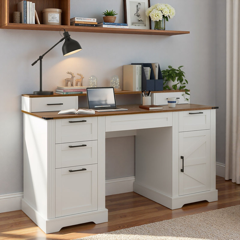 Farmhouse Office Desk With Charging Station, Storage Cabinet, Barn Door Design, File Drawer, Monitor Stand And Keyboard Tray