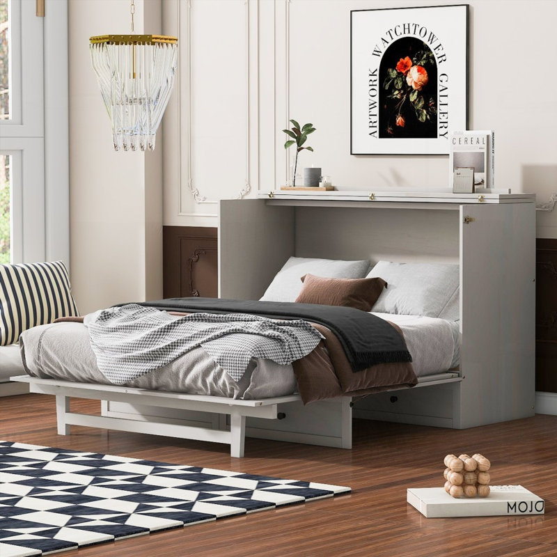 Grand lit escamotable avec grands tiroirs et amp; Ports USB, spacieux et amp; Robuste, Grand lit, Blanc