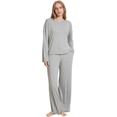  Womens Pajamas Set Soft Pjs Bathrobe Bamboo Long Sleeve Loungewear Wide Leg Pants Set Heather Grey S