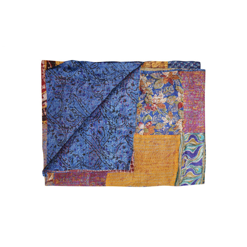 60" X 90" Blue and Yellow Kantha Cotton Patchwork Throw Blanket with Embroidery
