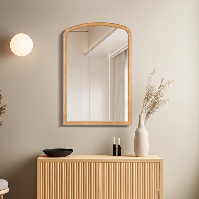 Lucena Wood Arched Rectangle Wall Mirror, 30" x 20", Natural Wood