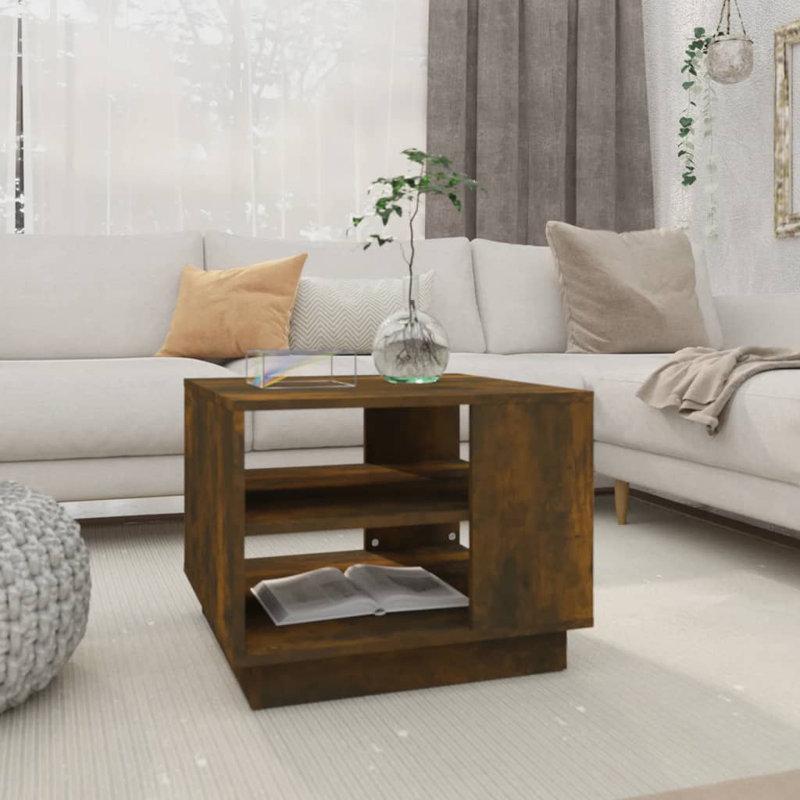 Glass End Table with Storage, Brown Oak, 21.7"x21.7"x16.9"