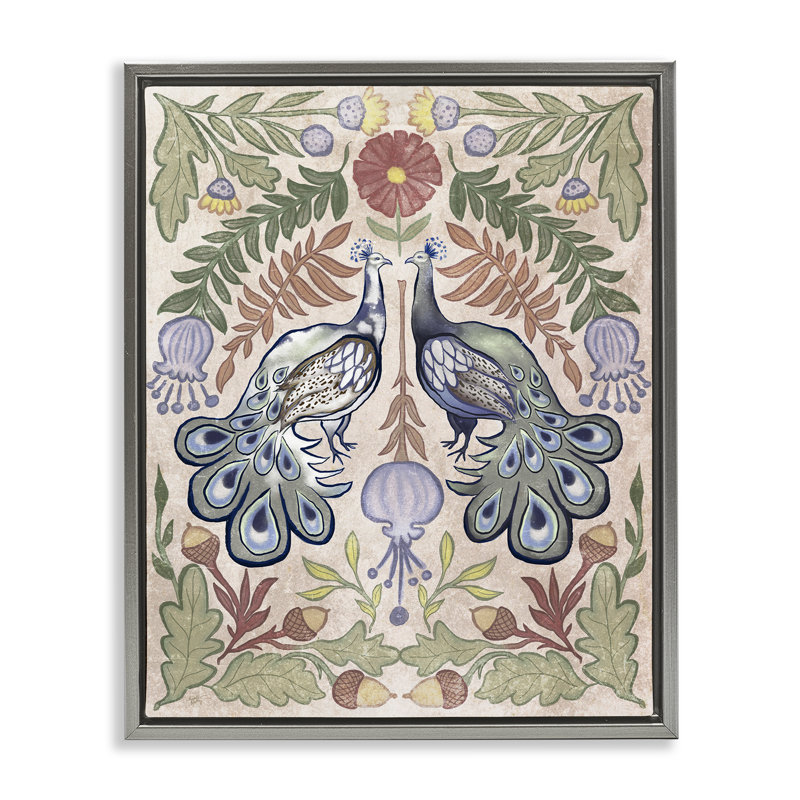 Cadre flottant symétrique à motif de paon et de fleurs, design par Elizabeth Medley, H 21 po x l 17 po