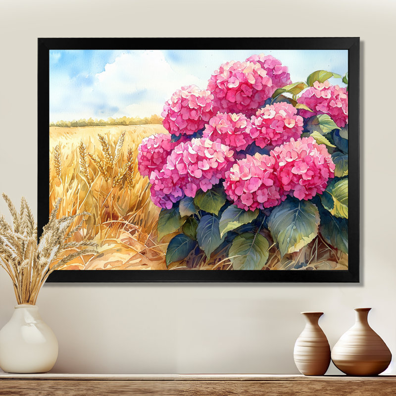 Hortensias dans le champ de céréales I - hydrangées, art mural, Reproduction encadrée d'une seule photo, Noir