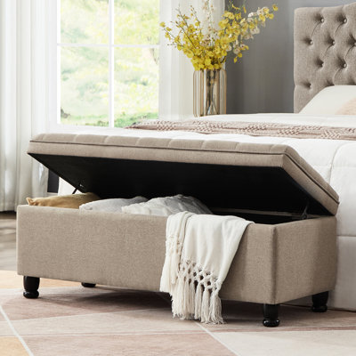 Banc en lin rembourré avec boutons et espace de rangement - 45 x 18 x 18 cm. Améliore l'allure du salon. Siège de 46 cm pour plus de confort et de fonctionnalité.