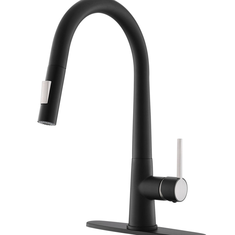 Robinet escamotable pour la cuisine en noir, poignée simple, plaque de pont, style moderne, remplissage en céramique, robinet en laiton