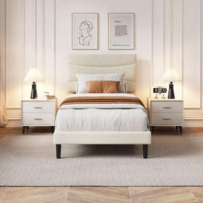 Upholstered Platform Bed Frame with Headboard, MDF & Wooden Slat Support, Noise-Free, Easy Assembly