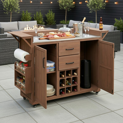 Îlot de cuisine extérieur avec support à épices, porte-bouteilles et plateau en acier inoxydable