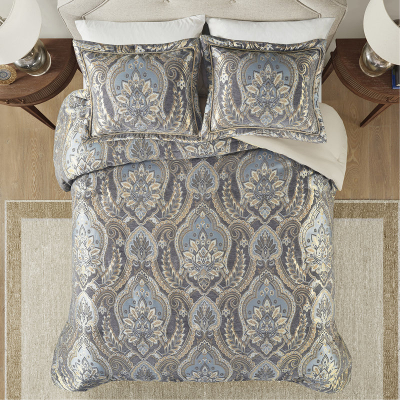 Ensemble d'édredon 4 pièces bleu / gris très grand, Édredon très grand et 3 pièces supplémentaires, Gris