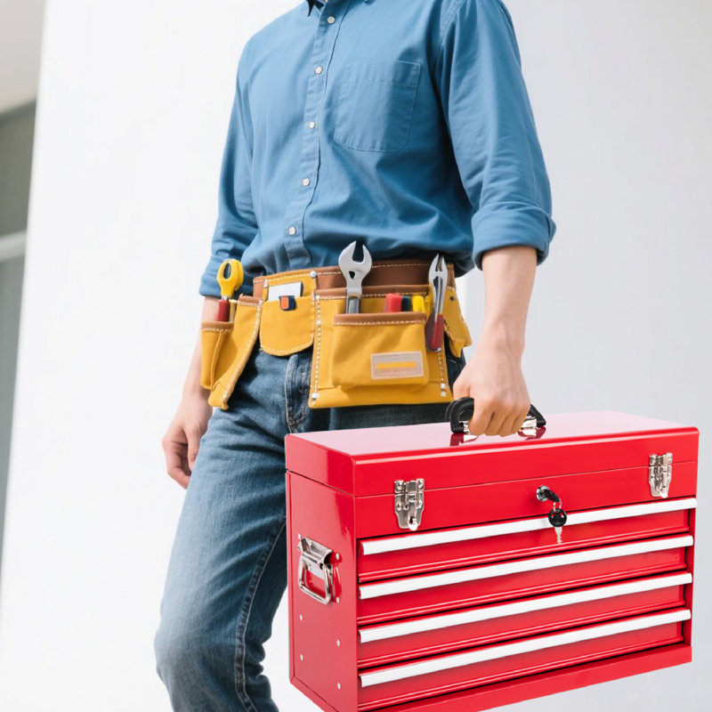 Boîte à outils en acier robuste de 21 pouces, rouge, 4 tiroirs avec doublures, verrouillage automatique et coffre de transport facile à utiliser