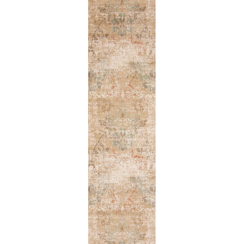 7' Beige Machine Woven Damask Indoor Runner Rug
