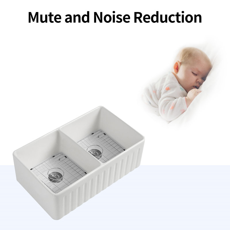 Fireclay 33" L X 18" W Double Basin Farmhouse Kitchen Sink With Grid And Strainer