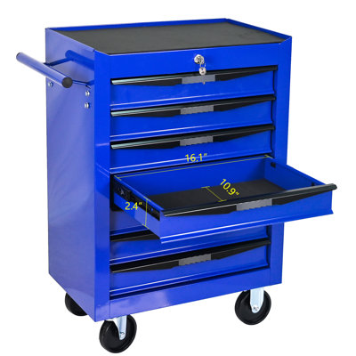 Chariot à outils pour atelier à 7 tiroirs, acier rouge et noir, finition thermolaquée, glissières à roulement, 4, verrouillé par clé