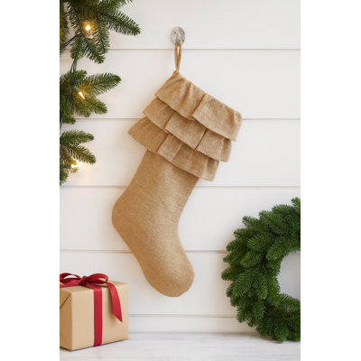 Brown Ruffled Design Jute Christmas Stocking, 13" X 19" – Rustic Farmhouse Holiday Stocking