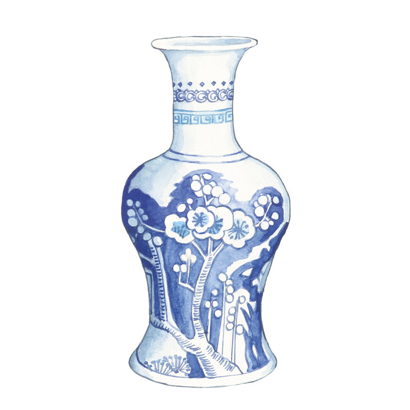 Ginger Jar III sur blanc - peinture sur toile tendue, H 12 po x l 12 po, Cadre doré simple, Oui