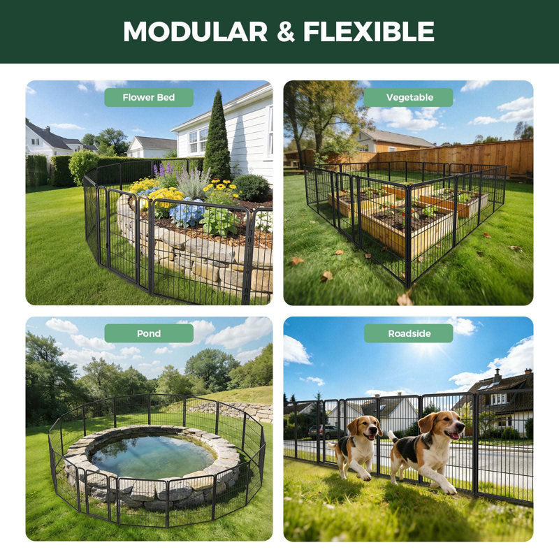 Clôture de jardin d'extérieur pour la cour de change - H 32 po x L 36,4 pi (L) barrière en métal robuste pour chien, clôture pour chien sans creusage, 16 panneaux, noir