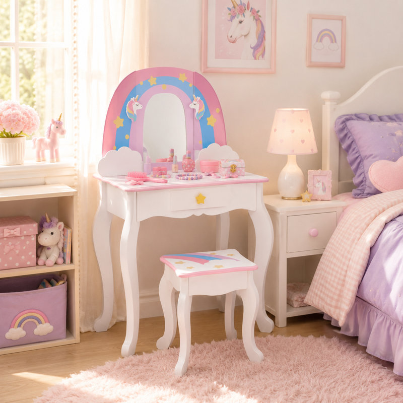  Teamson Kids Little Dreamer Rainbow Unicorn 2-pc. Wooden Vanity Table & Stool Set with Mirror and Storage Drawers