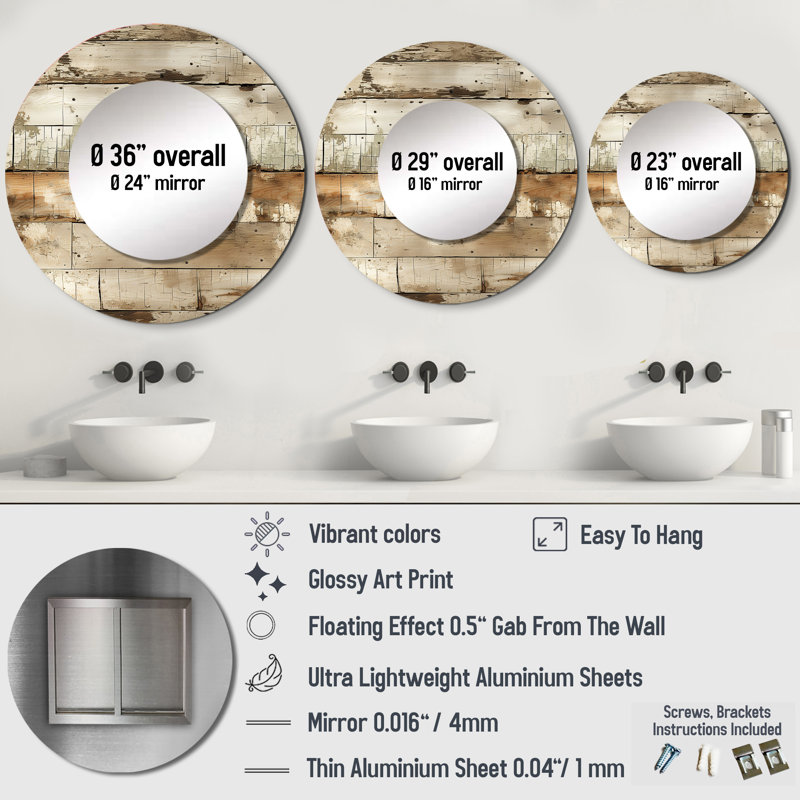 Rustic Farmhouse Weathered Planks - miroir mural rétro, miroir décoratif rond vintage, impression d'art en métal