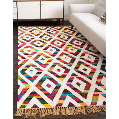 Tapis rose / bleu / blanc en coton tissé à plat à la main Montclair