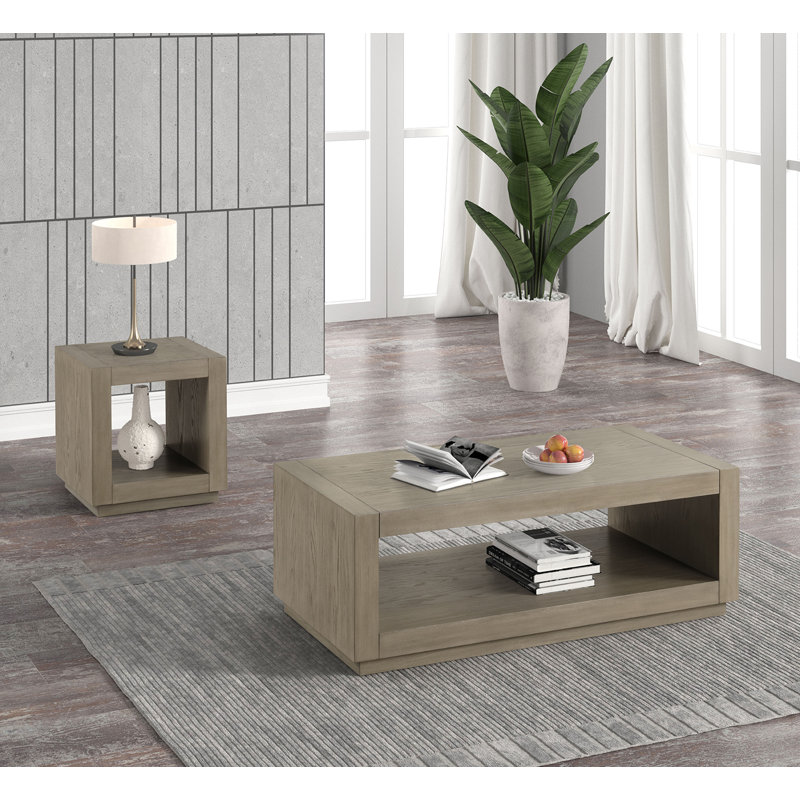 Table basse rectangulaire avec base de socle, tablette inférieure ouverte, finition naturelle pour le salon | Idée de cadeau