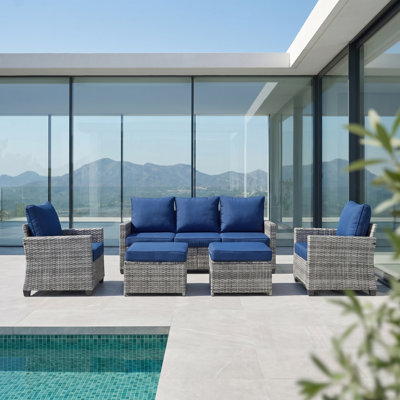 5-Piece Outdoor Wicker Patio Conversation Set with Navy Blue Cushions